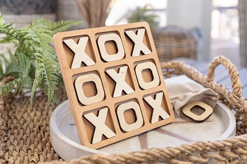 Tic Tac Toe Game & Decor Set, Kids Board Games, Versatile Boho/Natural Style Tic Tac Toe Board for Classic Two Person Games, 8.63 Inches Tic Tac Toe