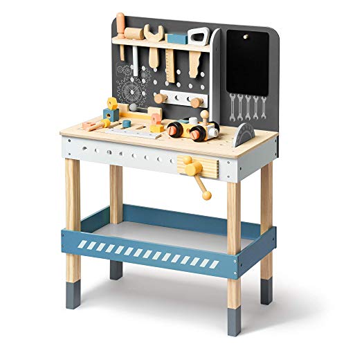 ROBOTIME Wooden Tool Bench for Kids Toy Play Workbench Workshop with Tools Set, Creative Wood Construction Tool Bench Toy for 3 4 5 Year Old Boys