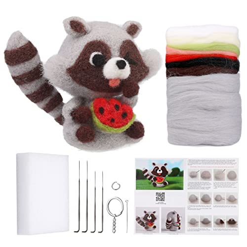 JUPEAN Needle Felting Kit Needle Felting Supplies Needle Felting Starter Kit Raccoon Animal Doll with Wool Roving, Felting Needles, Foam Mat and Wool