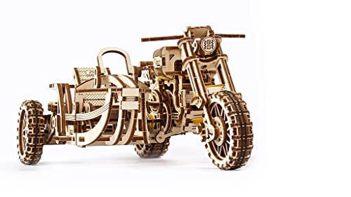 UGEARS Motorcycle with Sidecar 3D Puzzles – UGR-10 Motorcycle Scrambler Wooden Model Kits for Adults to Build – Retro Design Sidecar Motorbike Model