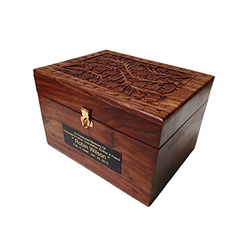 Adult Size Hard Wood Human Funeral Cremation Urn with Hand Engraved Flower Design and a Personalized Name Plate