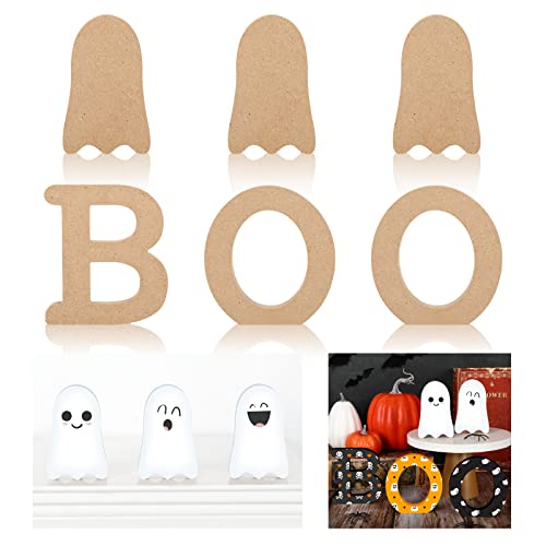 Whaline 6Pcs Halloween Wooden Ghost Cutouts Letter Boo Unfinished Table Wooden Signs Blank Ghost Freestanding Ornament for Halloween Home Kitchen