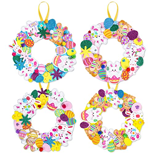 Whaline 12 Sets Easter Foam Stickers Easter Wreath Signs with 400Pcs Cute Bunny Egg Stickers, Rhinestone Sticker, 100Pcs Pom Balls and Yellow Ribbons