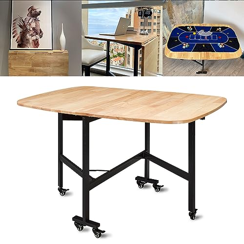 Rukulin Multifunction Table Drop Leaf Dining Table – 47″ Solid Wooden Foldable Kitchen Table with 6 Wheels (Natural)