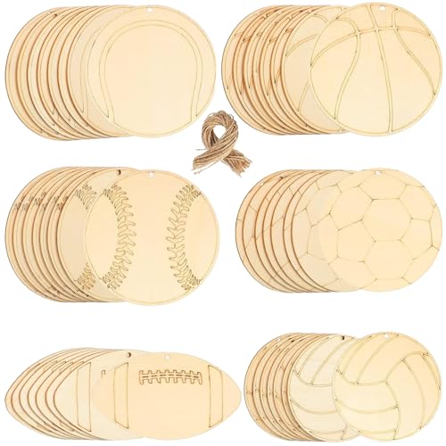 Football Ornaments, 42pcs Wood Pieces Sports Ball Cutouts, Football Volleyball Baseball Basketball Rugby Tennis Shaped Wood Chips, Wooden Chip