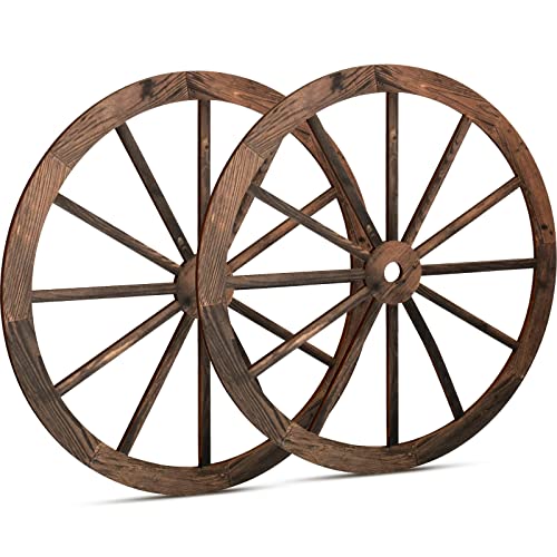 2 Pcs Wagon Wheel Decor Wooden Western Cowboy Party Decorations Vintage Rustic Wagon Wheel Wood Cartwheel Decor for Bar Garage Indoor Outdoor