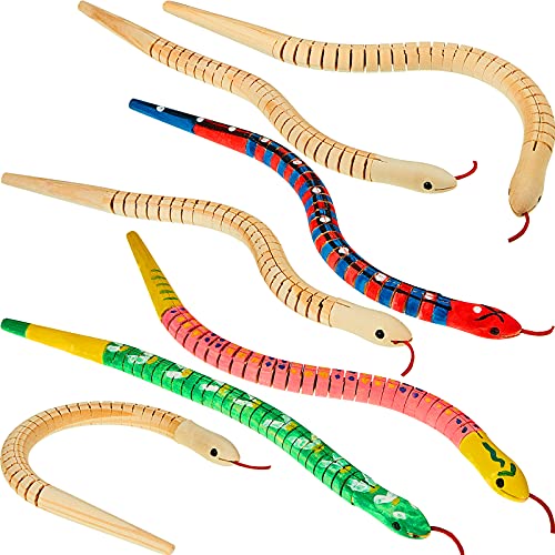 BBTO 20 Pieces Wooden Snake Unfinished Wooden Wiggly Snake Jointed Flexible Wooden Snake with 12 Colors Acrylic Craft Paint and Paint Brush for Arts