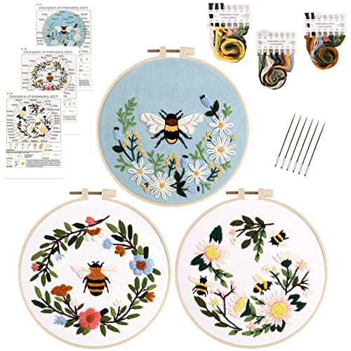 Lukinbox Embroidery Starter Kit for Beginners, 3 Sets Cross Stitch Kits for Adults, Include Embroidery Clothes with Cute Bees and Flowers Patterns, 1