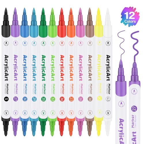 OLINGYOU Acrylic Paint Pens, 36 Colors Dual Tip Paint Markers for Rock Painting, Water Based Acrylic Painting Supplies for Fabric Painting,Wood,