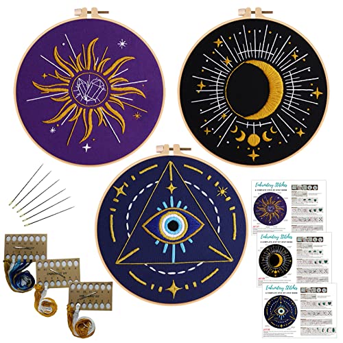 Louise Maelys 3 Set Tarot Embroidery Kits for Beginners with Sun Moon Evil Eye Pattern,Adults Starter Cross Stitch Kit DIY Needlepoint Kits