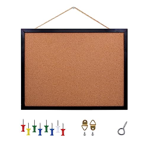 Black Cork Board Bulletin Board, 15.7″X 12″ Cork Board, Oak Wood Finish Frame, Wall Mounted Cork Board for Office Home and School(Pins, Eye Bolts,