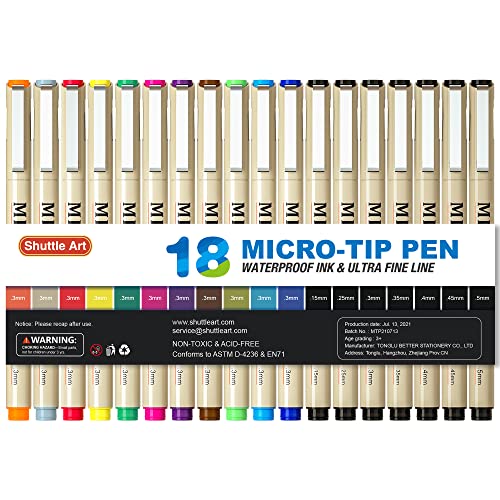 Shuttle Art 18 Pack Micro-line Pens, Waterproof Archival Ink, 11 Colors in 0.3MM Felt Tip & 7 Blacks in Sizes 0.15MM to 0.5MM Multiliner For