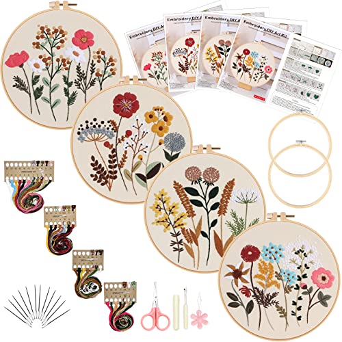 Picoey Flower Embroidery Kit for Beginners with Pattern and Instructions,4 Pack Cross Stitch Kits,2 Wooden Embroidery Hoops,Threads and