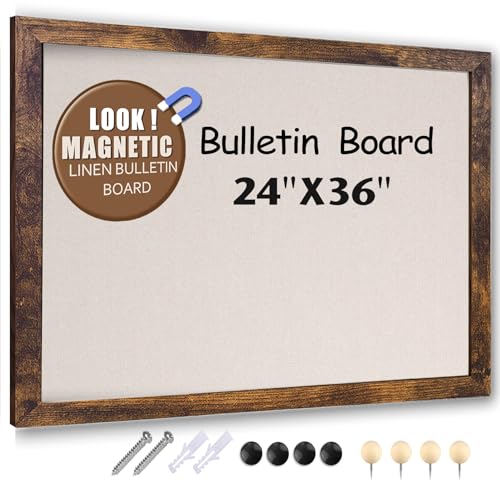 Marribol Large Magnetic Bulletin Board 36 x 24 Inch,Rustic Wood Framed Cork Board with Linen，Wall Mounted Notice Board with Pushpins for Home Office