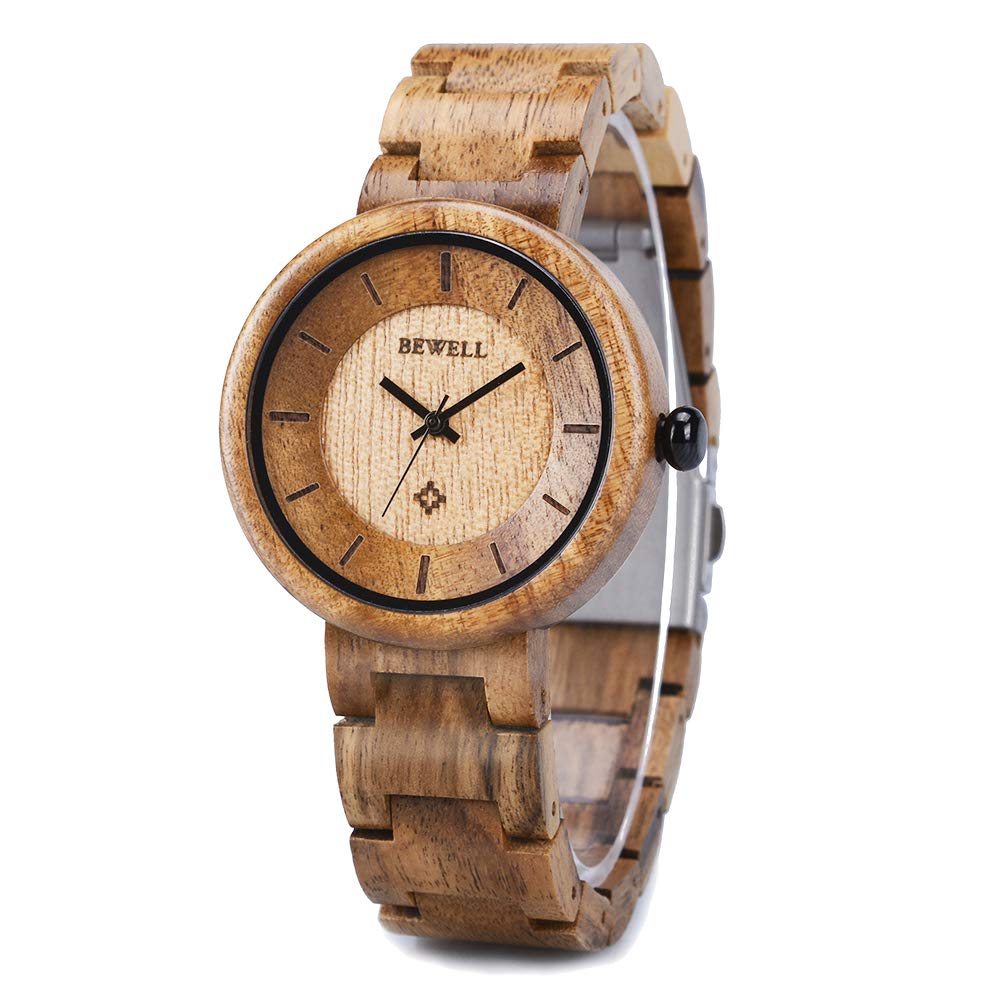 BEWELL Wood Watches for Women, Handmade Wooden Watch with Lightweight Adjustable Wood Band, Natural Casual Fashion Quartz Wristwatch