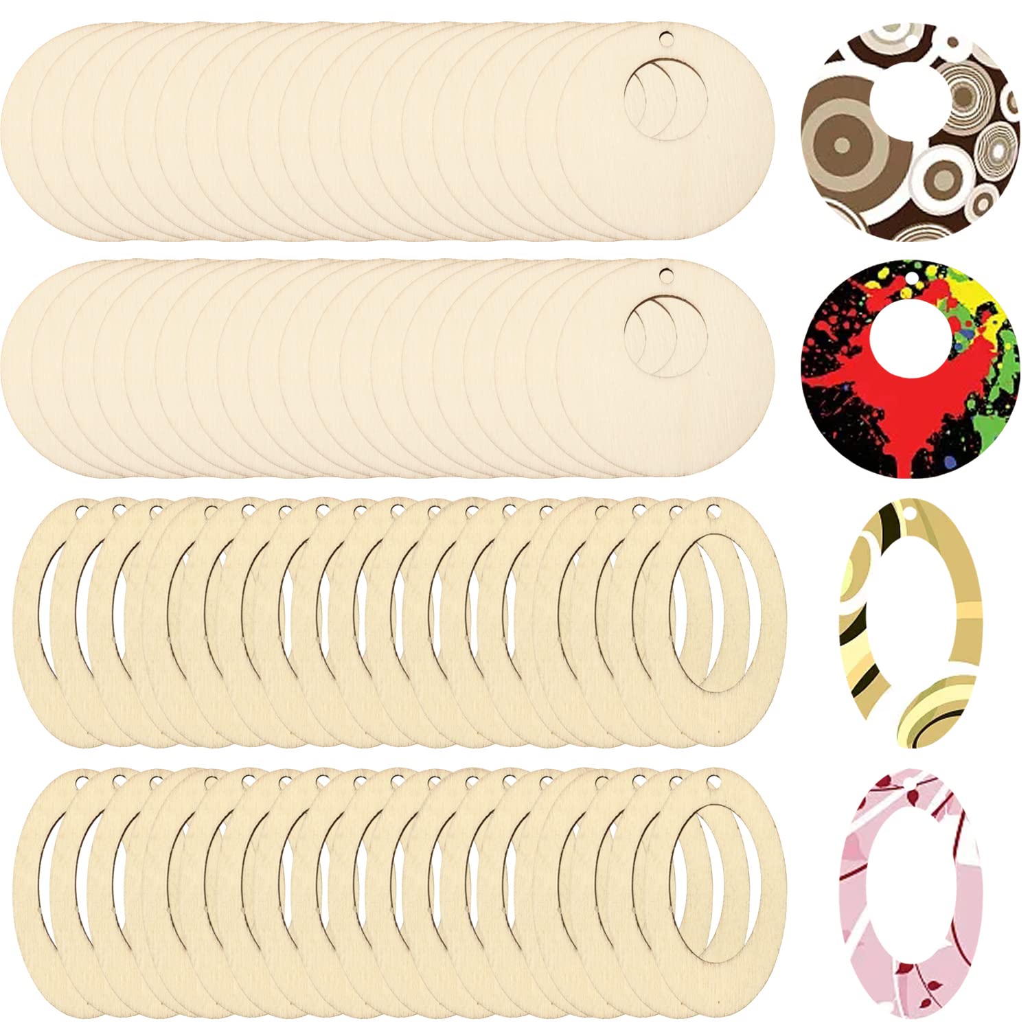 yueton 100PCS Round Oval Wooden Earring Pendant Geometric Hollow Wooden Hanging Ornaments Unfinished Blank Wood Pieces Wood Slices Wood Chips