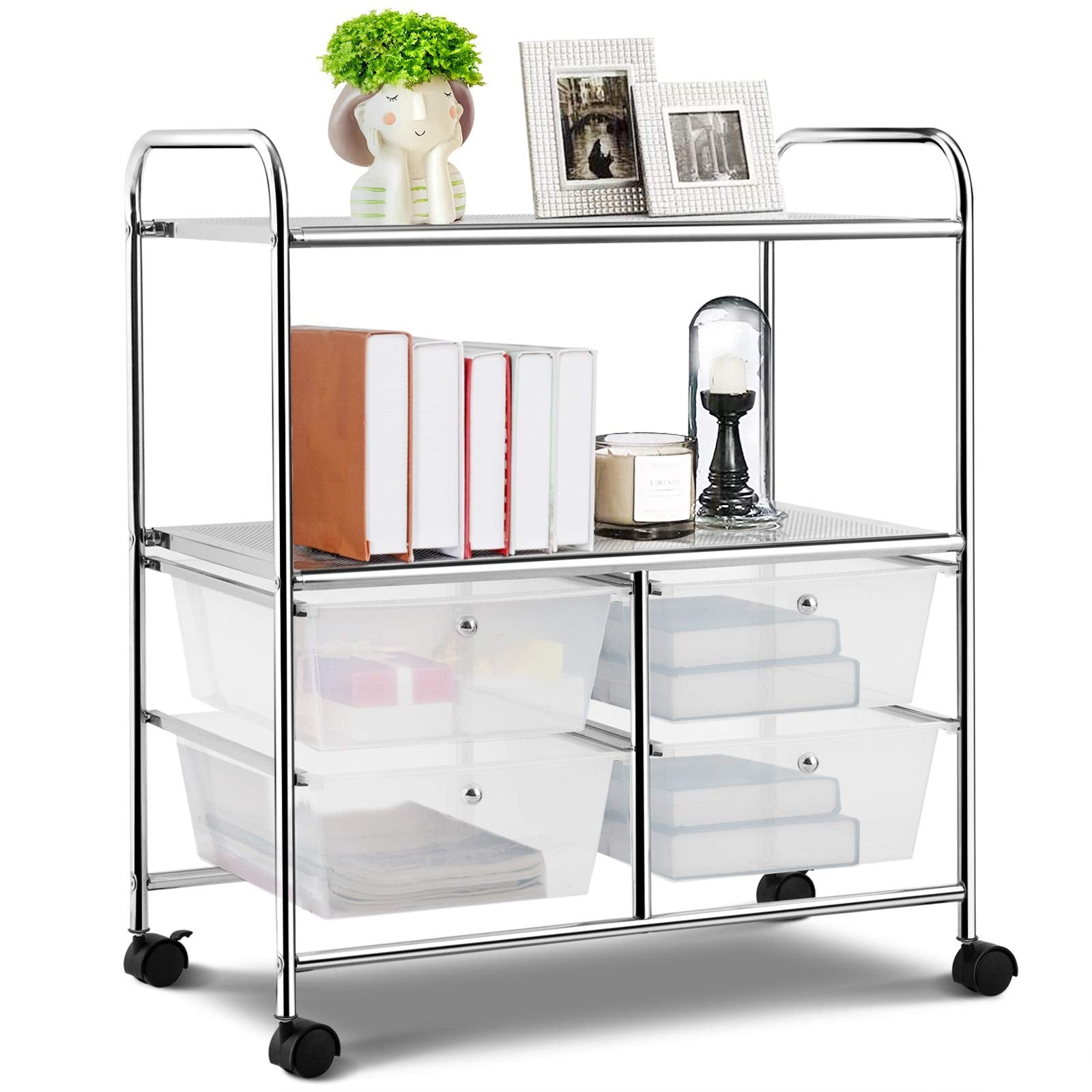 RELAX4LIFE Storage Cart W/Four Drawers, Wheels and Two Shelves, Stable Steel Frame Craft Cart for Office,Home, Make Up Storage and Files Arrangement