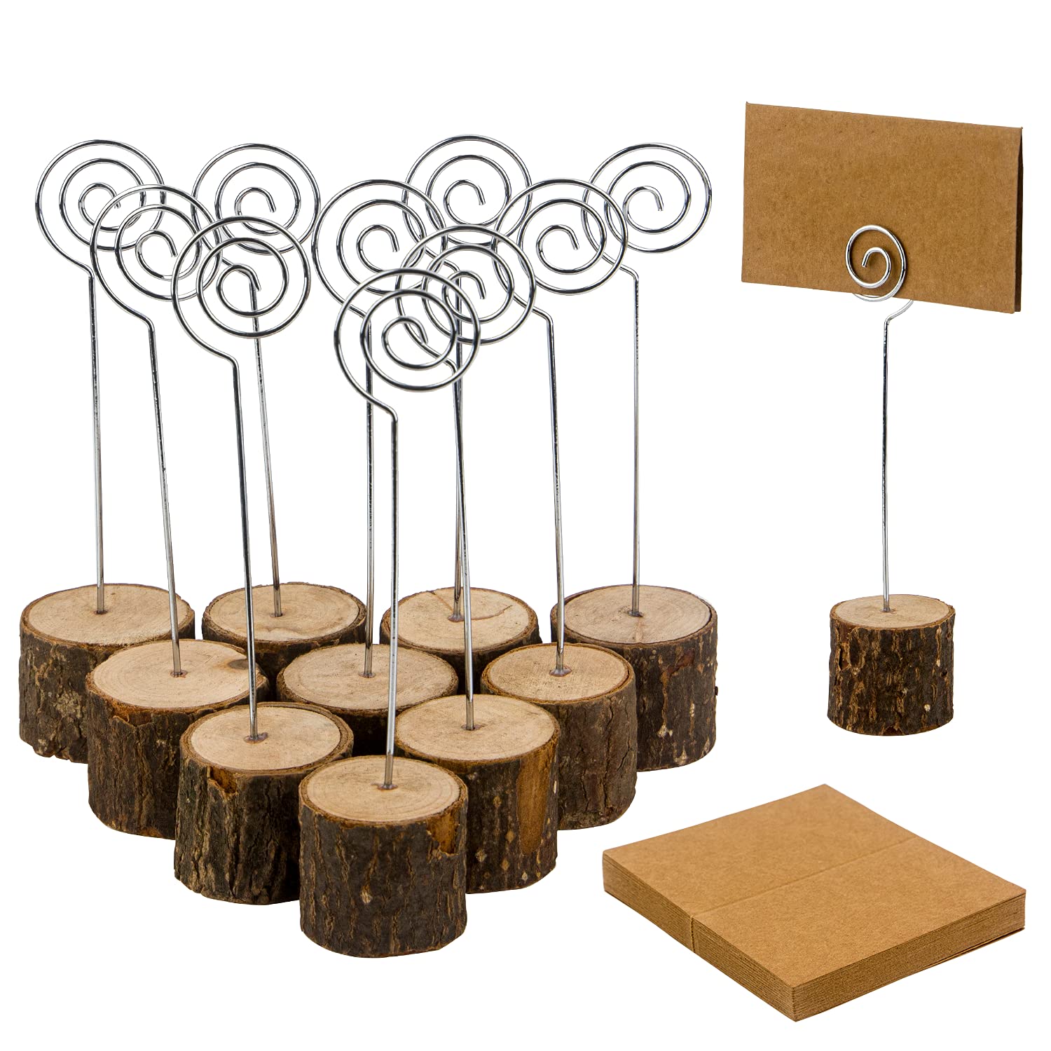 LepoHome 20 Pcs Rustic Wood Place Card Holders with Swirl Wire and 30 Pcs Kraft Place Cards, Wooden Table Number Holder Stand Photo Picture Note Clip