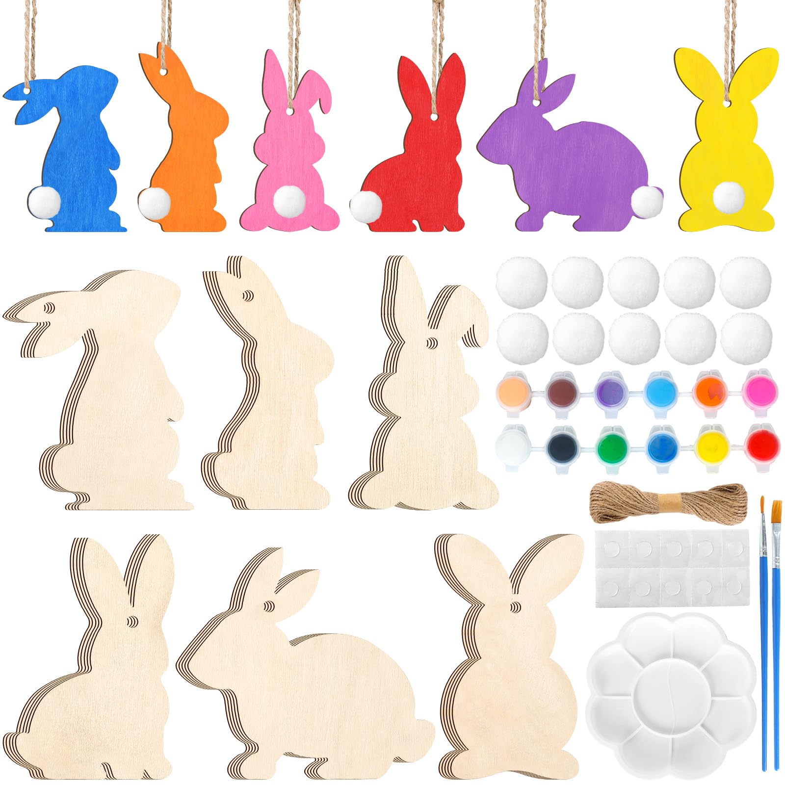 Whaline 30Pcs Easter DIY Crafts Sets Unfinished Wood Bunny Cutouts with Paints Brushes Palette Felt Balls Ropes Glue Points Spring Rabbit Wood