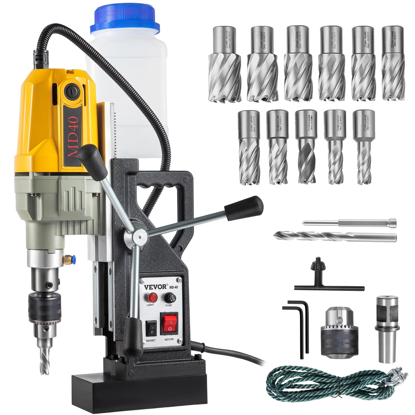 VEVOR Magnetic Drill, 1100W 1.57″ Boring Diameter, 2697lbf/12000N Portable Electric Mag Drill Press with 12 Drilling Bits, 580 RPM Max Speed Drilling