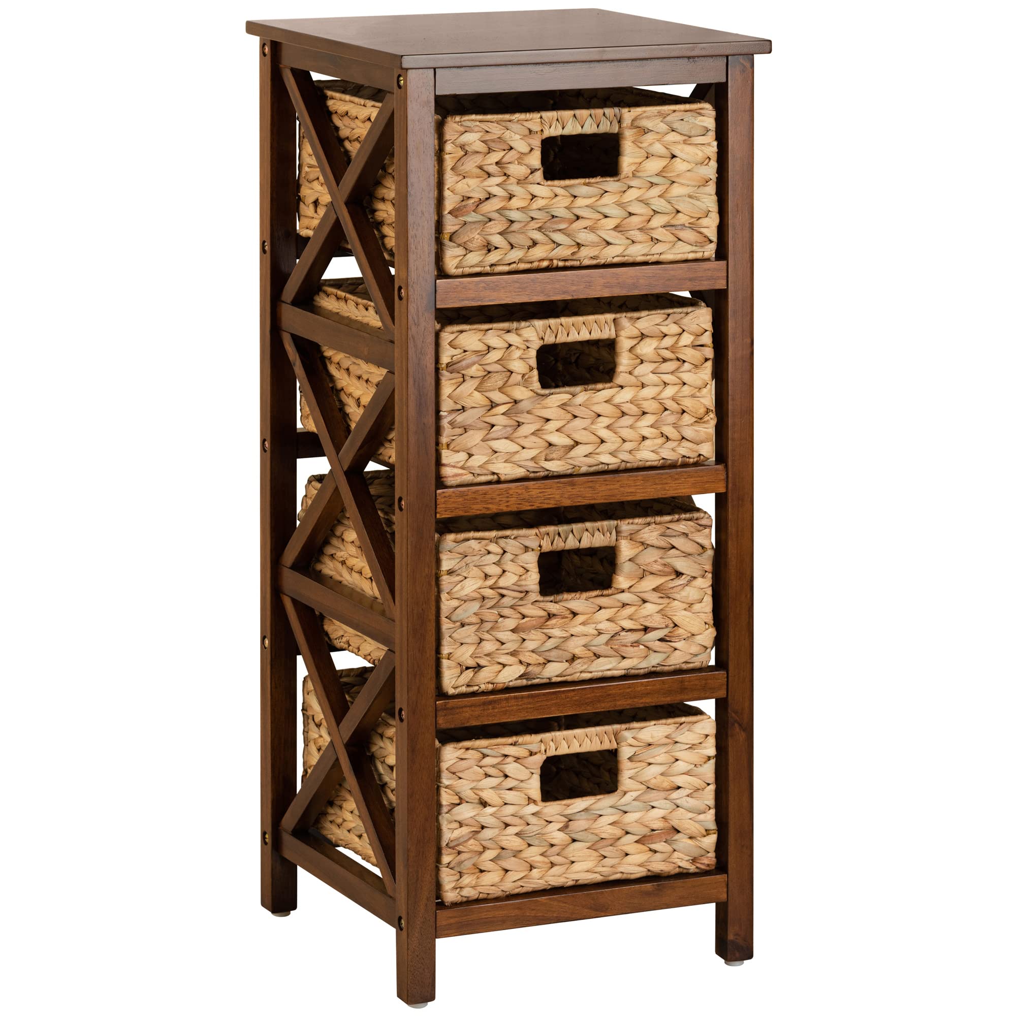 eHemco 4 Tier X-Side End Storage Cabinet with 4 Wicker Baskets, Walnut