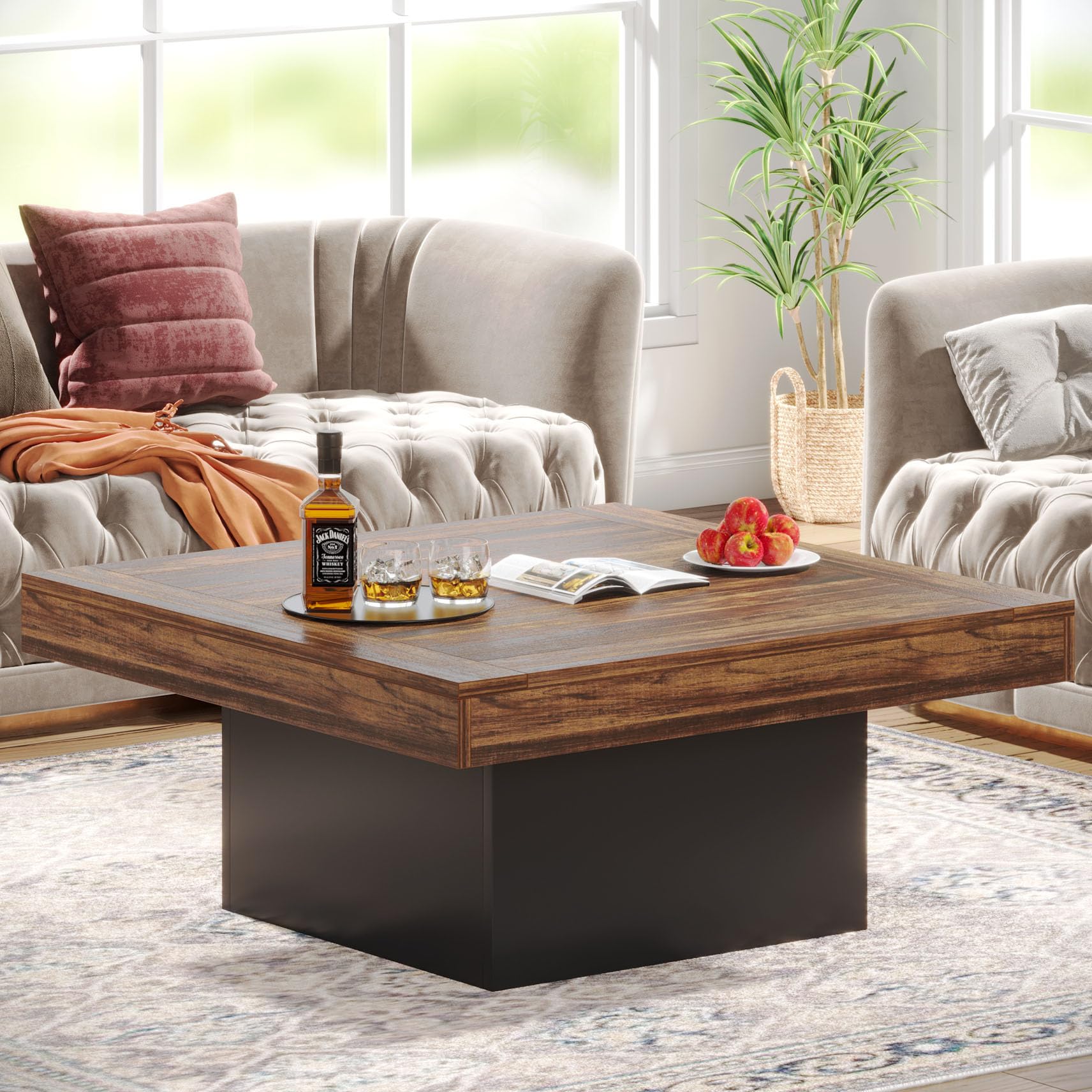 Tribesigns Coffee Table Square LED Coffee Table Engineered Wood Low Coffee Table for Living Room Rustic Brown & Black