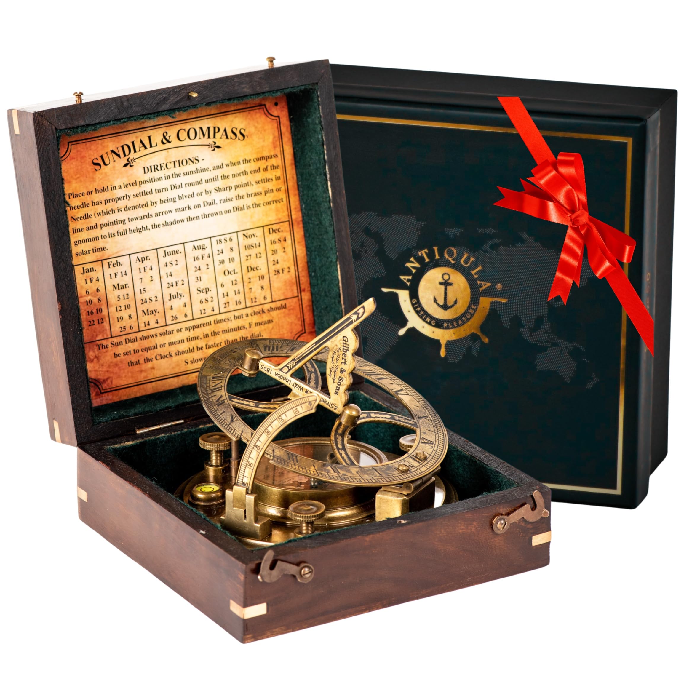 Antiqula 5 inch Large Sundial Compass with Wooden Rosewood Box, Perfectly Calibrated Steampunk Antique Brass Sundial Clock with Chart for Guidance,