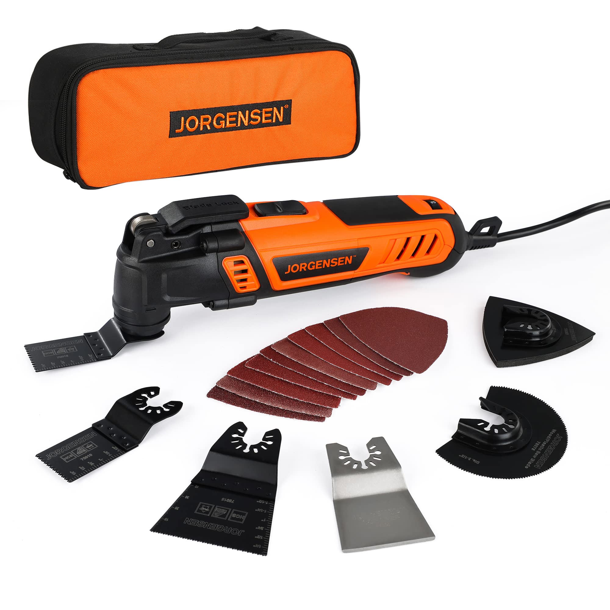 JORGENSEN Oscillating Tool 5°Oscillation Angle, 4 Amp Oscillating Multi Tools Saw, 7 Variable Speed with 16-piece Electric Multitool Blades &