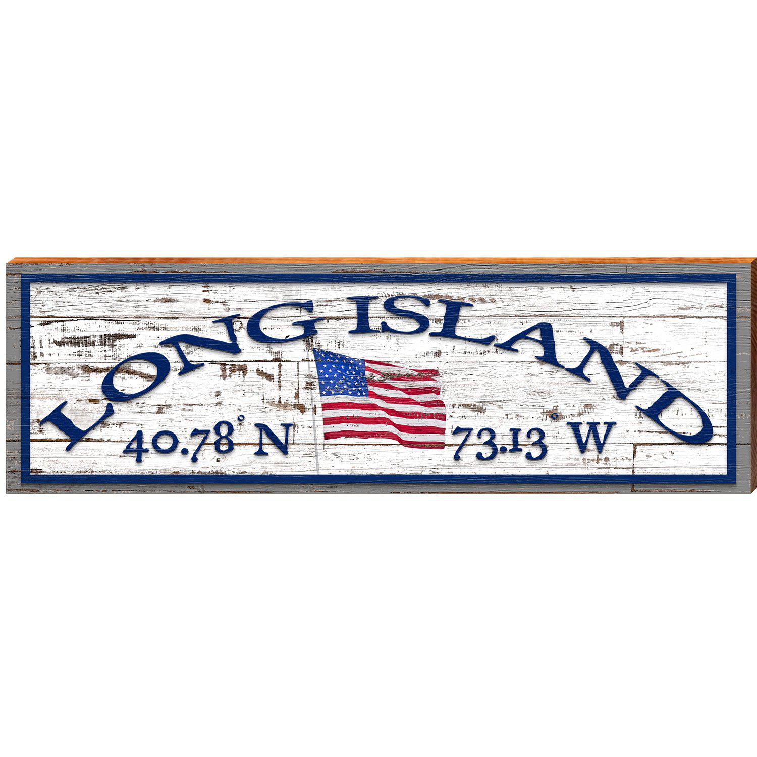 Long Island American Flag White Shabby Latitude Longitude | Wall Art Print on Real Wood