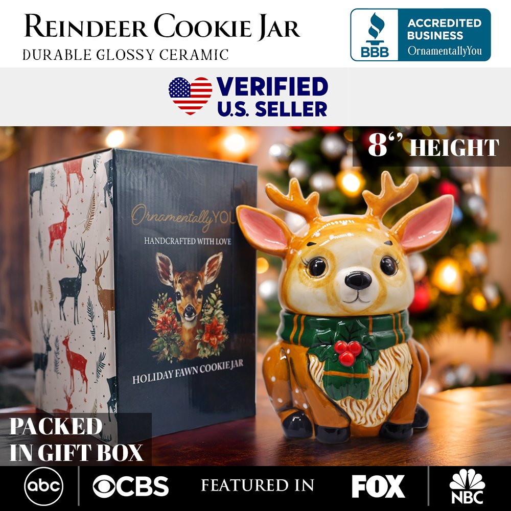 Festive Reindeer 10″ Cookie Jar, Christmas Kitchen Festive Deer Decoration