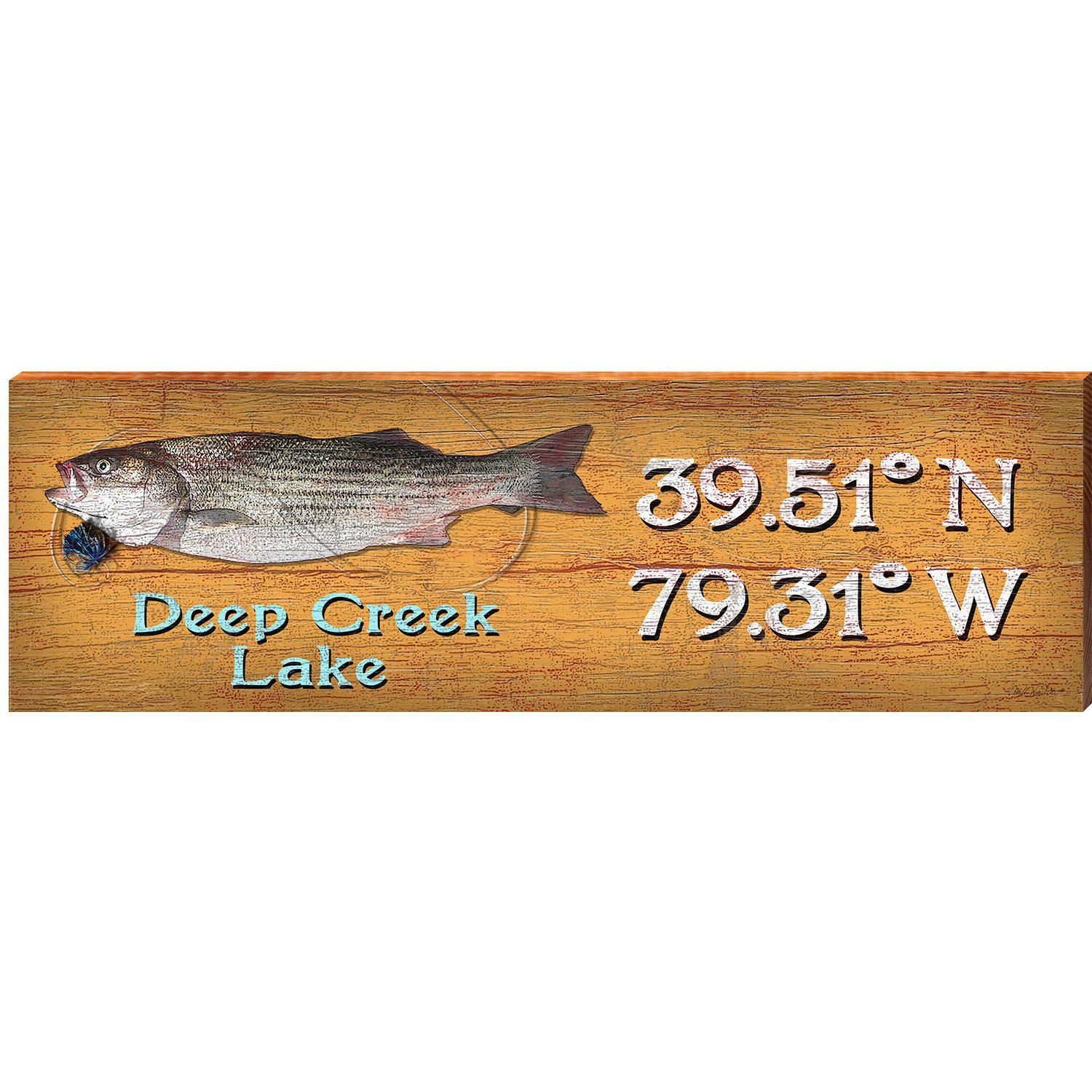 Deep Creek Lake Fish & Lure Orange Latitude Longitude | Wall Art Print on Real Wood