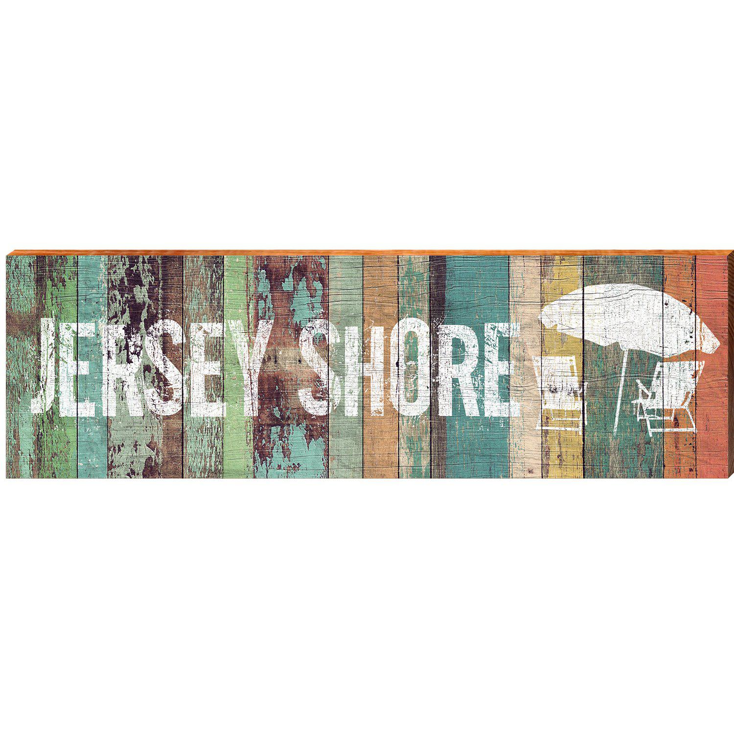 Jersey Shore Beach Umbrella & Chairs Orange Boards | Wall Art Print on Real Wood