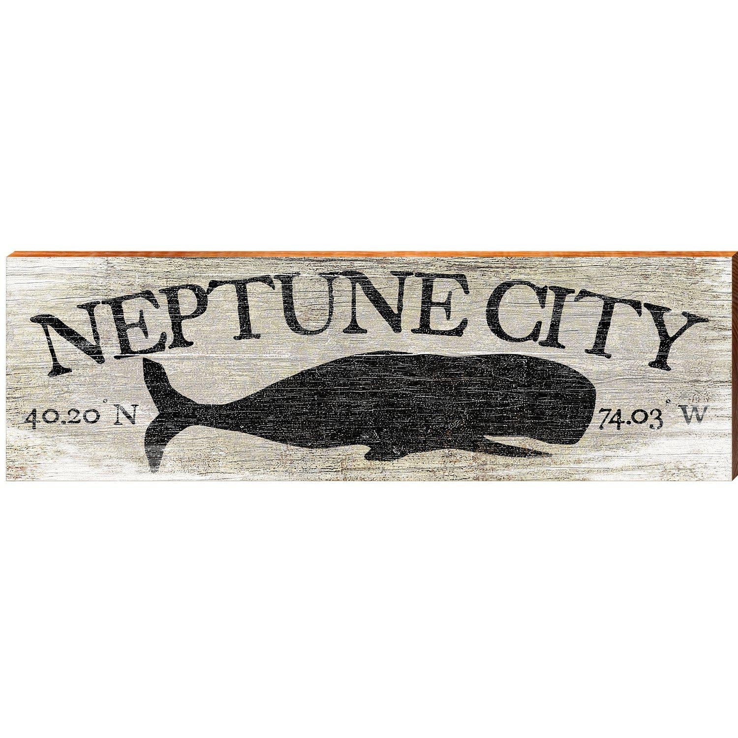 Neptune City Whale Grey Latitude Longitude | Wall Art Print on Real Wood