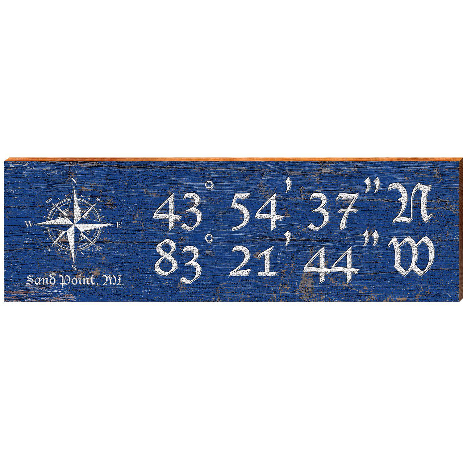 Sand Point, MI Compass Navy Latitude Longitude | Wall Art Print on Real Wood