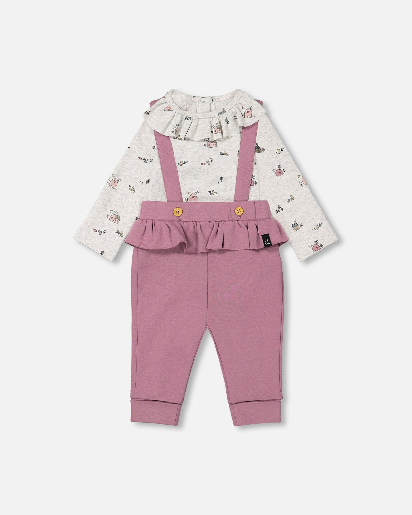 Organic Cotton Printed Onesie And Suspender Pant Set Mauve And Beige Little House Print