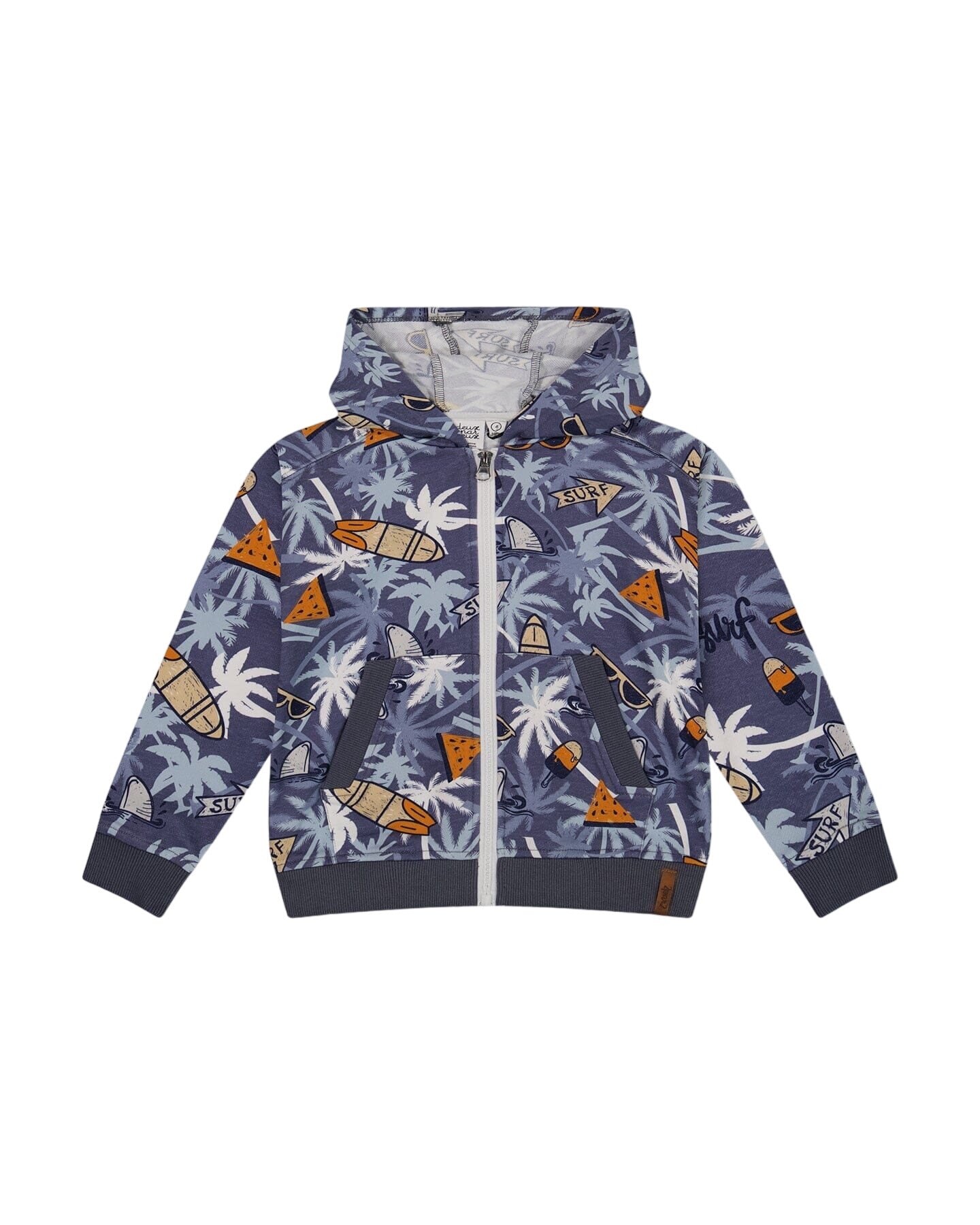 French Terry Hooded Cardigan Printed Palm Tree And Surf