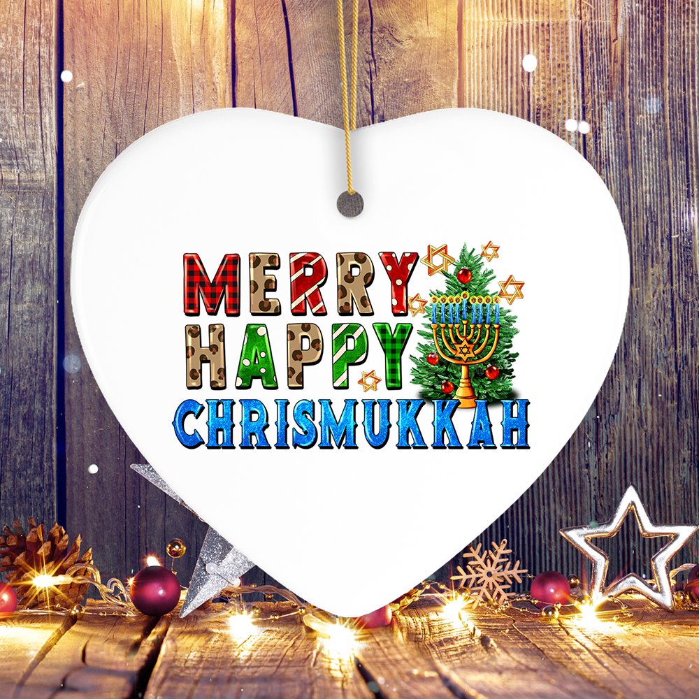 Merry Happy Chrismukkah Festive Ornament, Christmas and Hanukkah Chanukah Theme