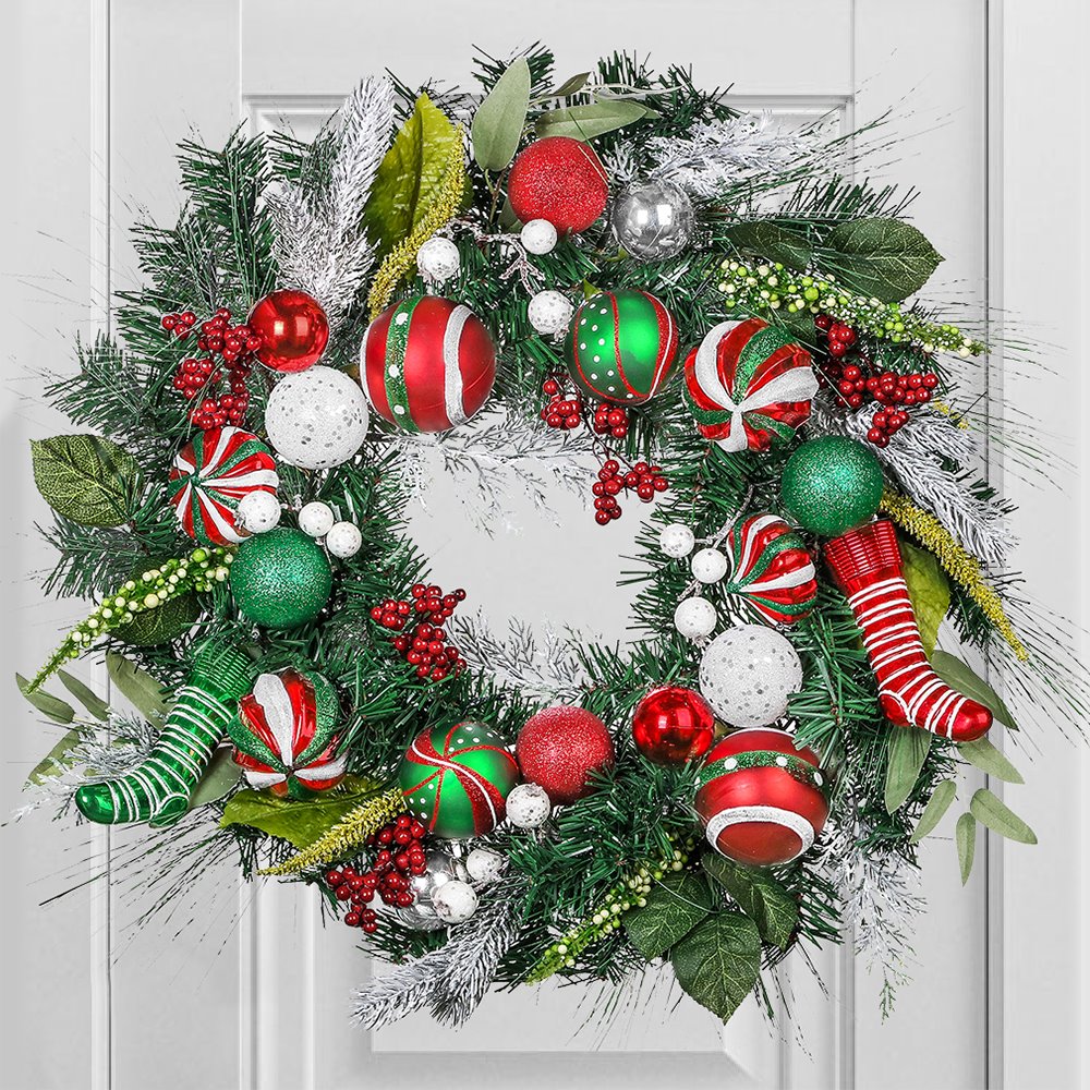 Merry and Bright Bold Christmas Sparkling Wreath, Red and Green Onrament Baubles and Stocking Decor , Holiday Door