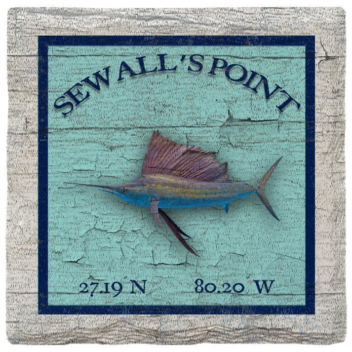 Sewall’s Point Sailfish Blue Latitude Longitude Coaster Set