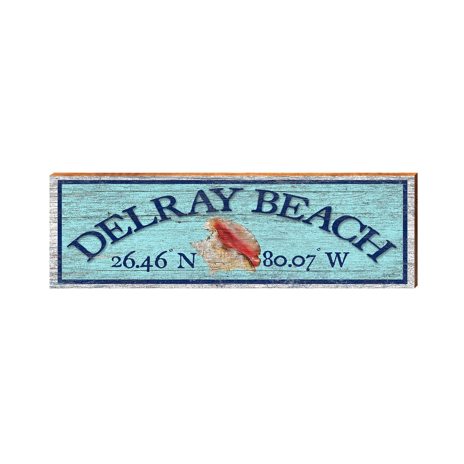 Delray Beach Conch Shell Latitude Longitude Sign | Wall Art Print on Real Wood