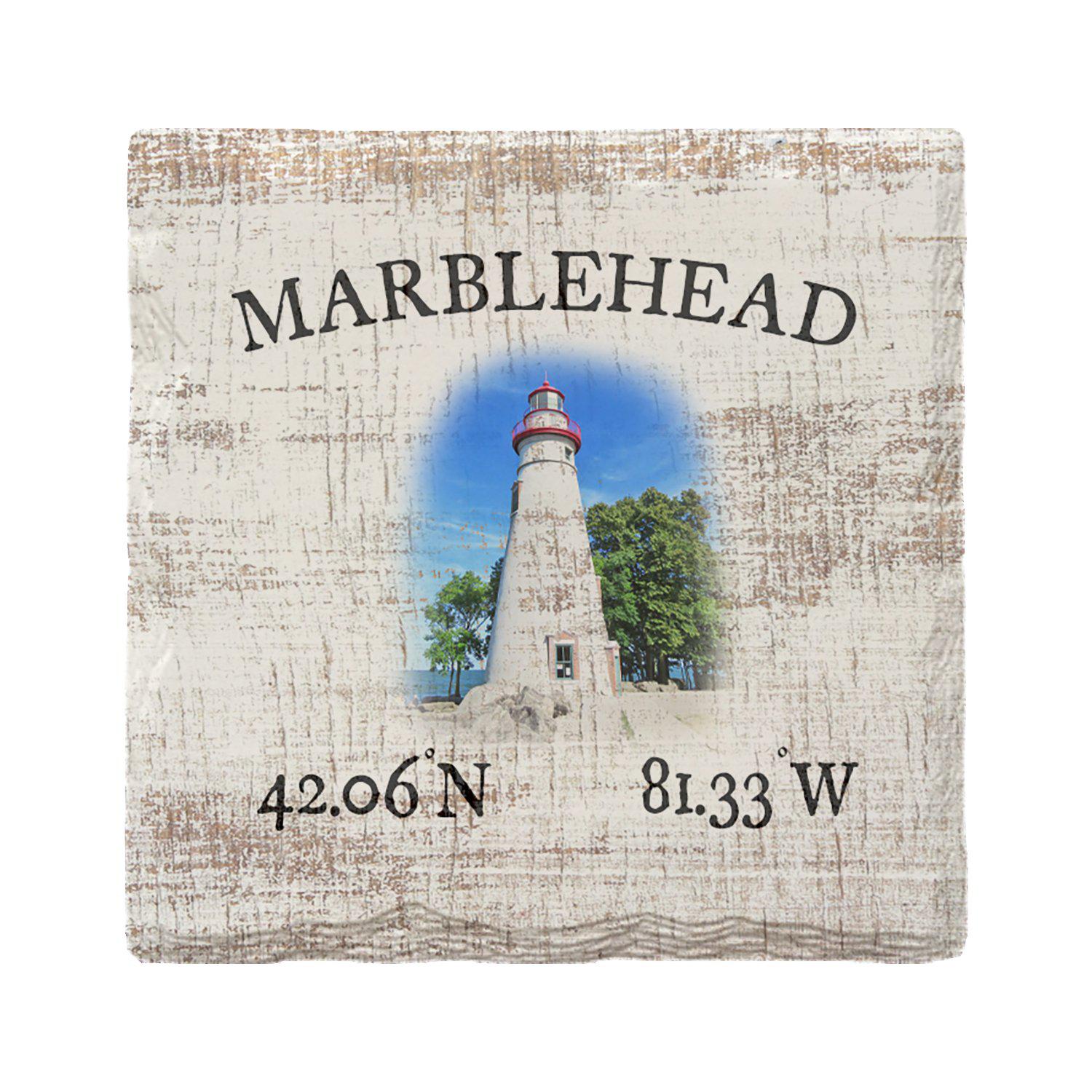 Marblehead Lighthouse White Latitude Longitude Drink Coaster Set