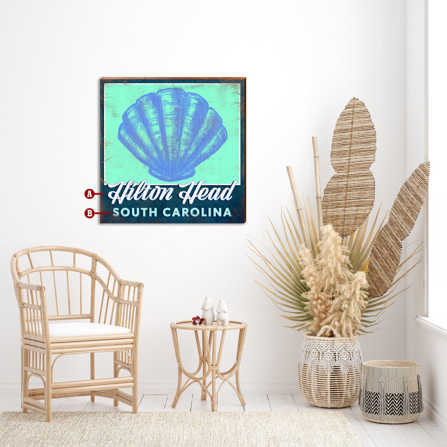 Personalized Coastal Blue Seashell Town Sign | Wall Art Print on Real Wood | Customizable Beach Decor