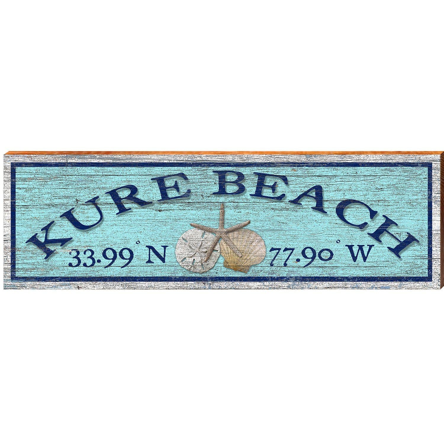 Kure Beach Triple Shells Blue Latitude Longitude | Wall Art Print on Real Wood