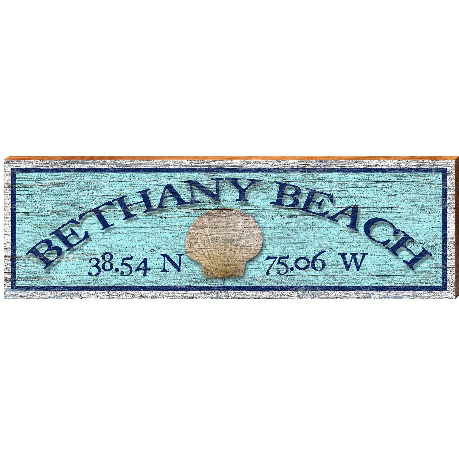 Bethany Beach, Delaware Wooden Sign | Wall Art Print on Real Wood |  Seashell Blue Latitude Longitude Beach House Home Decor Gift