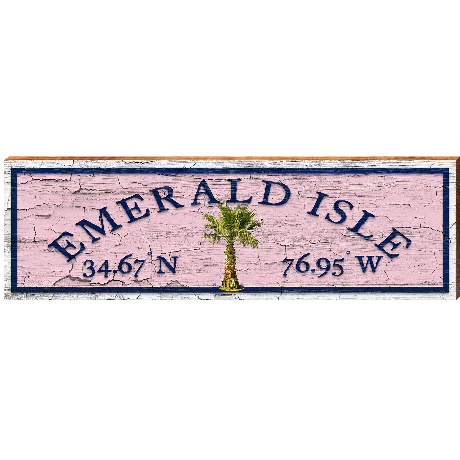 Emerald Isle Palm Tree Pink Latitude Longitude | Wall Art Print on Real Wood