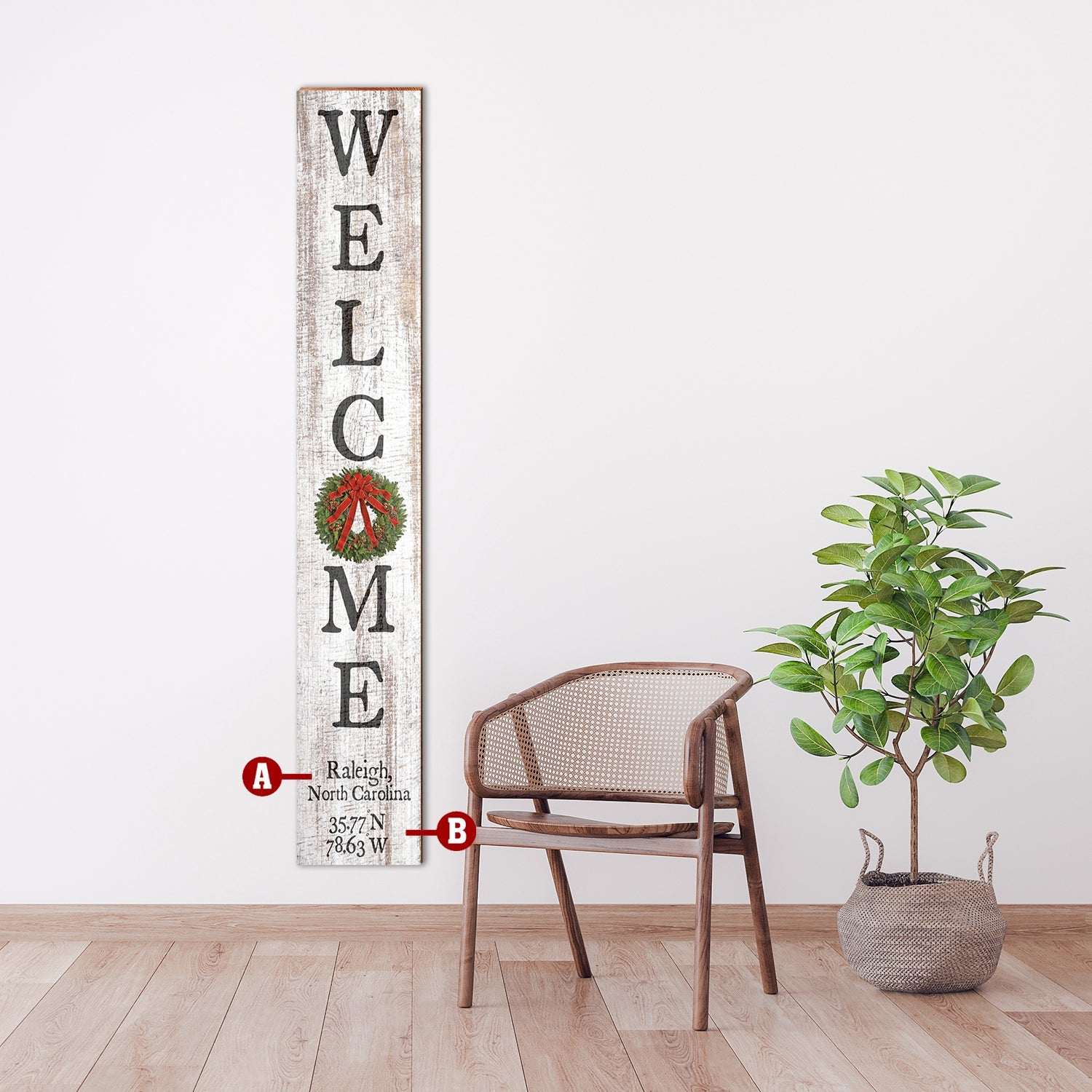 Customizable Welcome Sign with Christmas Wreath | Wall Art Print on Real Wood