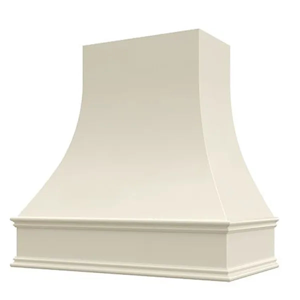 Antique White Wood Range Hood With Curved Front and Decorative Trim – 30″ 36″ 42″ 48″ 54″ and 60″ Widths Available