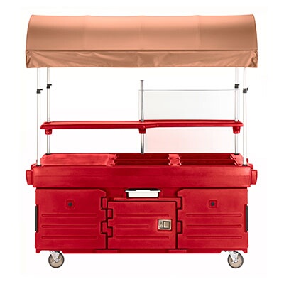 Cambro KVC854C158 – Kiosk Cart, with 4 pan wells and beige canopy, 85″ x 33″ x 94″, hot red