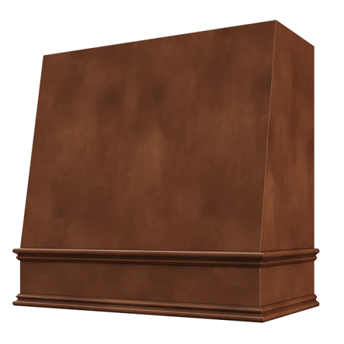 Chocolate Wood Range Hood With Angled Front and Decorative Trim – 30″, 36″, 42″, 48″, 54″ and 60″ Widths Available