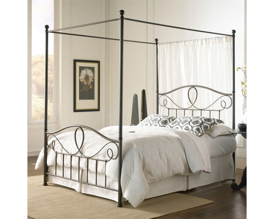 FaFurn – Full Size Canopy Bed Frame with Scroll-work and Ball Finials in Metal